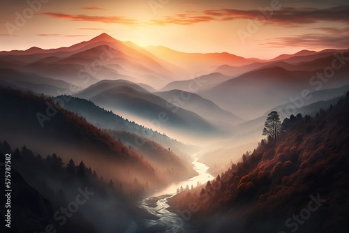 Fotobehang Ai art of a pink and purple sunrise in the smoky mountains with a river running