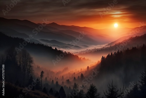 AI art of a purple and peach colored sunrise over the smoky mountains computer wallpaper background