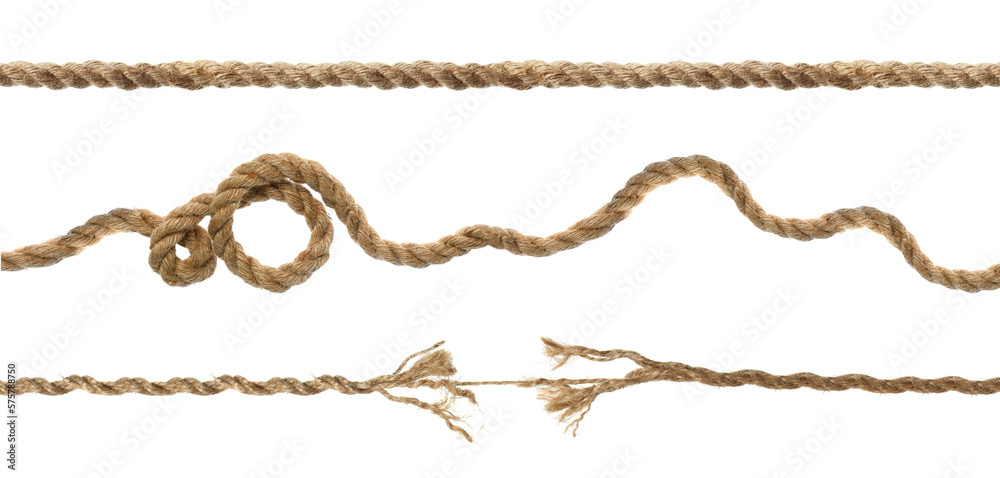 Set with whole and torn hemp ropes on white background