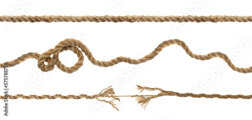 Set with whole and torn hemp ropes on white background