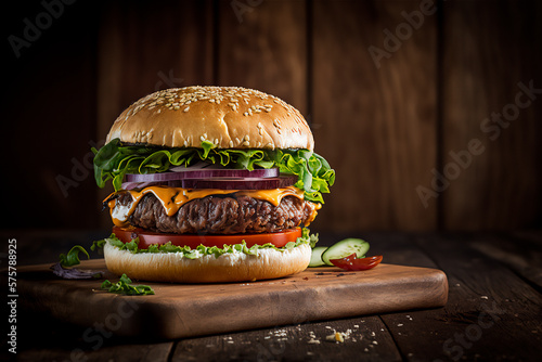 Tasty homemade hamburger on rustic wooden table. Copy space. Advertising. AI generated. Fast food snack