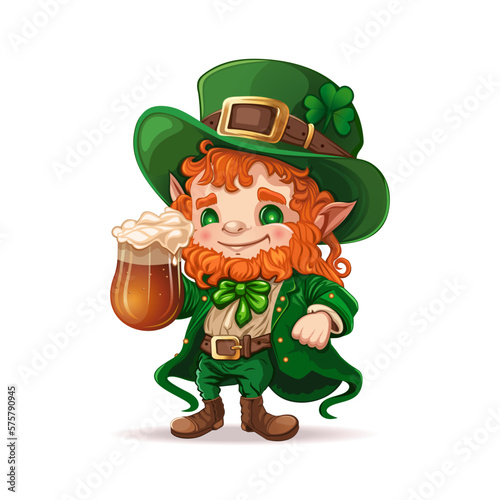 Little cute leprechaun in a green frock coat with a beer mug. St. Patricks Day design. Vector illustration photo