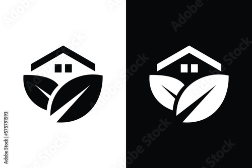 Leaf and home on black and white background. Very suitable for symbol, logo, company name, brand name, personal name, icon and many more.