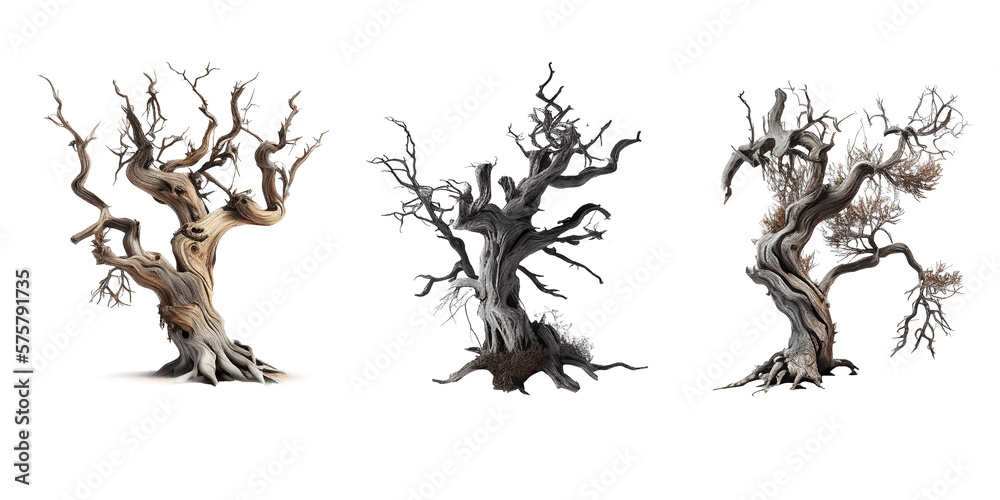 Set of big trees without leaves , Dead old trees isolated on white background, image ai generate - obrazy, fototapety, plakaty 