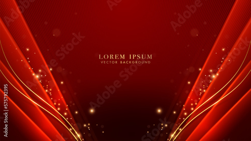 Luxury gold lines curve with red oblique object, shiny dots effect and bokeh decoration on red background. Elegant style vector design