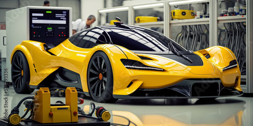 Electric car plugged in to a charger, lab equipment, car factory assembly line in the background. Concept of Electric Cars and Manufacturing Efficiency. Digital ai art