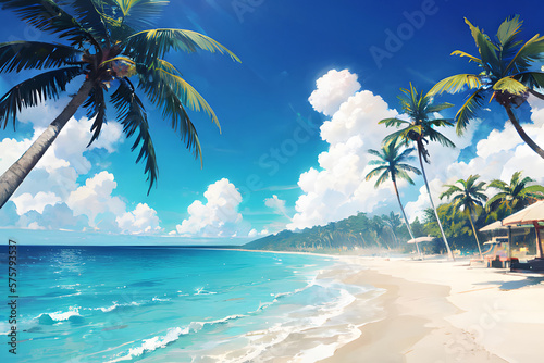 南国のビーチ　夏の海　バカンス　イラスト  generative ai