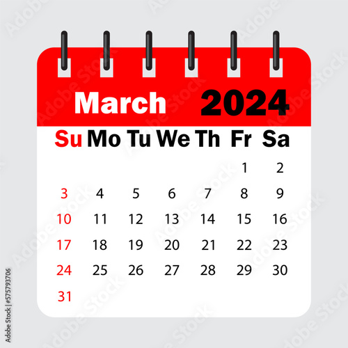 red calendar leaf spring. March 2024 calendar. Calendar sheet with days of the week. Vector illustration.