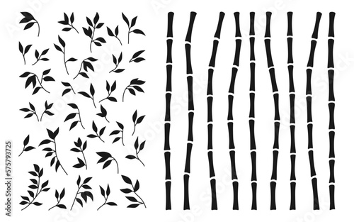 Bamboo stem and leaf silhouette set. Exotic decoration elements natural plant in engraving ink style. Hand drawing painted Asian traditional tree leaves, sticks bamboo ornament borders collection