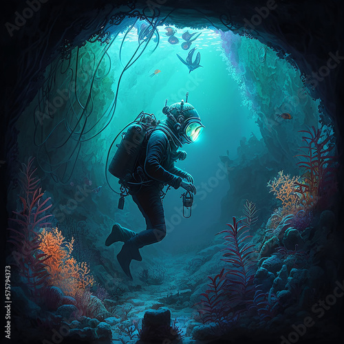 Murais de parede A deep-sea diver exploring an underwater cave, surrounded by coral and sea life