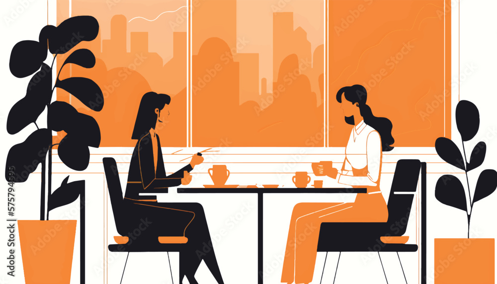 young women talking in meeting about work, vector illustration