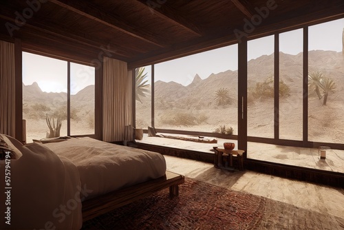 Spanish Desert Modern Bedroom Interior with Palm Trees and Moutain Views Made with Generative AI