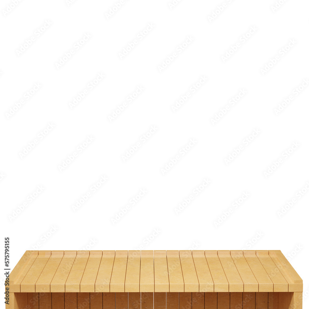 Wooden table, wood table top front view 3d render isolated