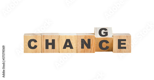 Chance to change, word on wood block. Isolated, transparent background.