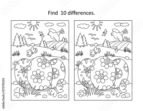 Easter holiday themed find the ten differences picture puzzle and coloring page with 3 painted eggs in rural scene 
