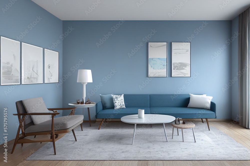 Blue Mid Century Modern Living Room Mockup with Styled Room Made with Generative AI Blue Mid Century Modern Living Room Mockup with Styled Room Made with Generative AI