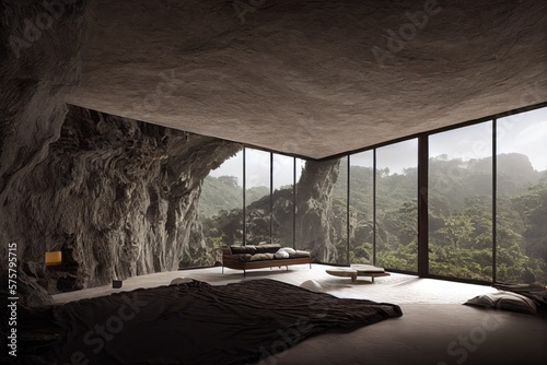 Organic Rock Cave Home Lifestyle Built Into Mountains Made with Generative AI