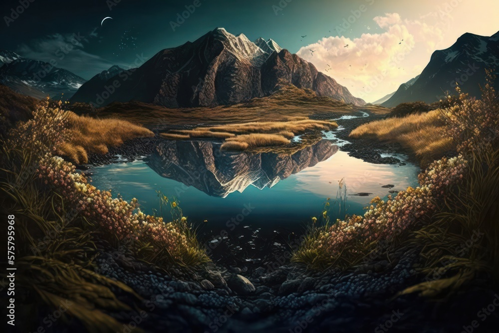 Beautiful mountain with lake landscape illustration. Generative AI