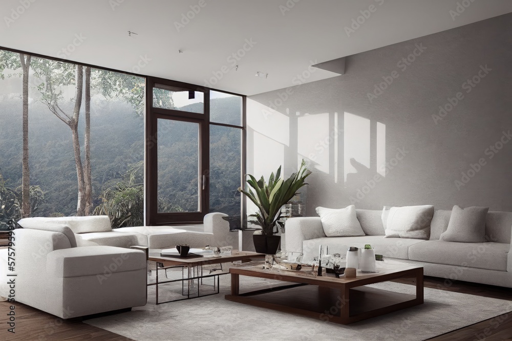 Bright White Sustainable Modern Living Room Interior with Mountain Forest Views Made with Generative AI
