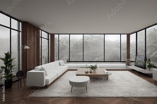 Luxury Modern Living Room Interior with Large Windows and White Sofa Made with Generative AI