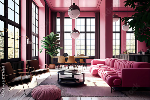 Interior of modern living room with pink sofa, armchairs and coffee table. 3d render. Generative AI.