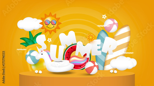 Summer vacation elements with beach toys inflatable on yellow podium background. Vector illustration for summertime banner, composition, sale, and decoration.