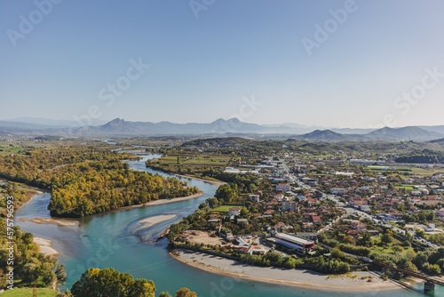 Beautiful river landscape view from above of Shkoder city in Albania.
