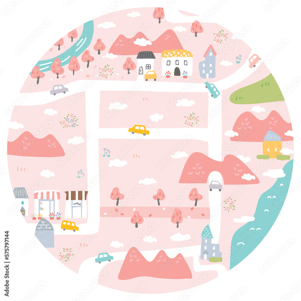 桜が舞い散る春色の街並みイラスト円形 桜が舞い散る春色の街並みイラスト円形