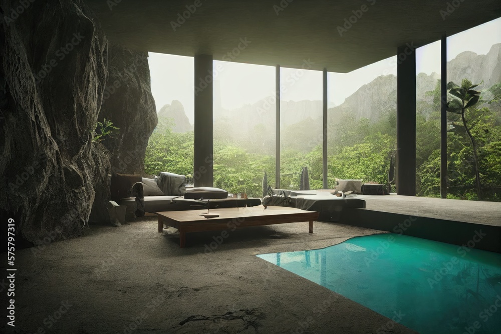 Modern Cave Earth Home with Indoor Entertaining Space and Swimming Pool Made with Generative AI