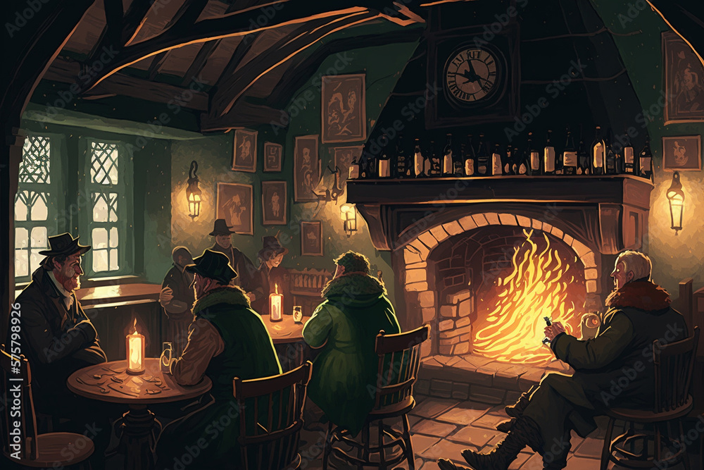 A pub with a fire place and patrons enjoying pints of beer created with Generative AI technology