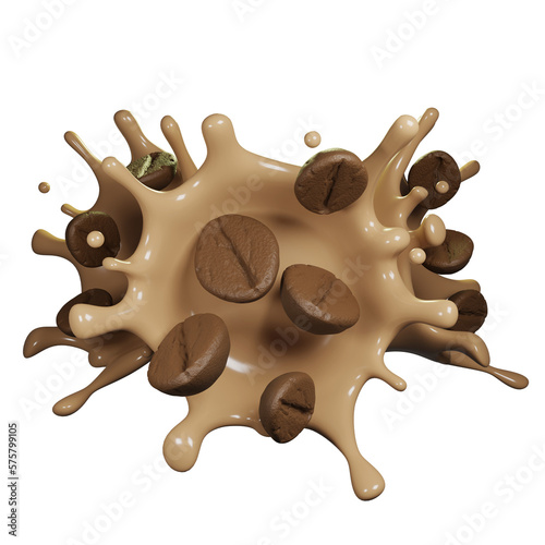 coffee milk liquid splash with coffee bean on transparent background