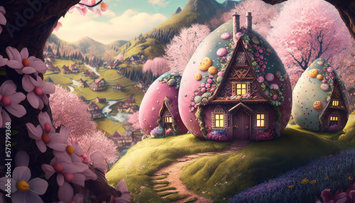 Easter Party in Enchanted Valley with Fairytale Cottages - a magical wallpaper background, rosy hues, and a soft touch that creates a magical and fairy-tale atmosphere in pastel colors