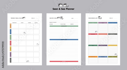 3 set of Recipe card, Groceries List and Meal plan Planner. Cute style with Sean and Sea partners. Plan your day make dream happen.