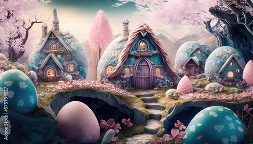 Easter Party in Enchanted Valley with Fairytale Cottages - a magical wallpaper background  rosy hues  and a soft touch that creates a magical and fairy-tale atmosphere in pastel colors