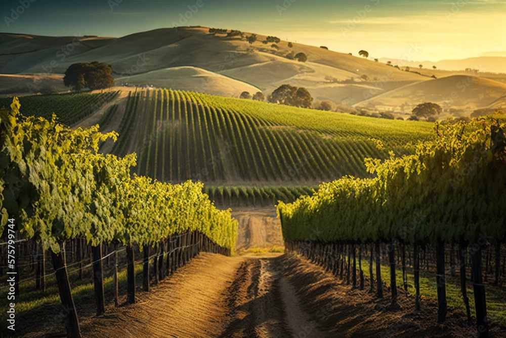 A vineyard with rows of budding grapevines and rolling hills in the distance created with Generative AI technology