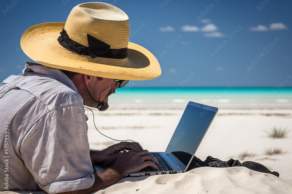 Fototapeta premium guy working on beach remote