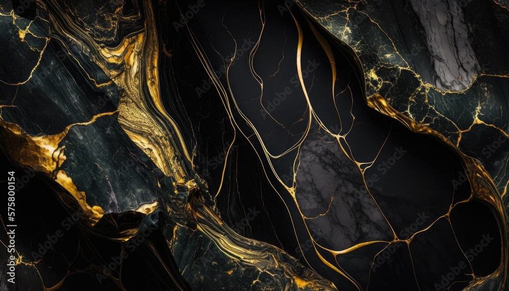 Fototapeta premium Majestic Marbling: A Black Marble Texture with Golden Veins, AI Generative