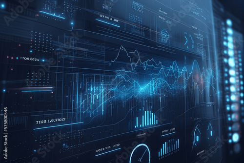 Abstract blue background with glowing diagrams and graphs. Finance concept. 3D Rendering. Generative AI