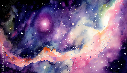 Abstract space galaxy watercolor night sky background with stars and nebulas. Generative AI.
