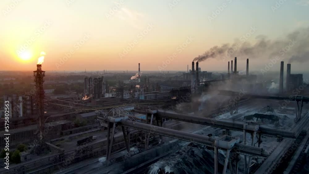 industry metallurgical plant sunrise bad ecology chimney smoke aerial 4K industry metallurgical plant sunrise bad ecology chimney smoke aerial 4K