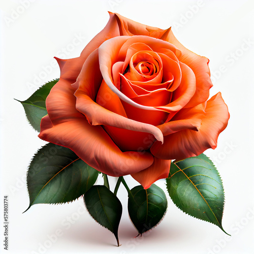 Rose flower pink, peach or orange color. Beautiful blossom bud top closeup. Isolated 3d render icon, gift for birthday, holidays, anniversary celebration, elegant detailed rose bloom with leaves