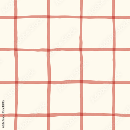 Red Watercolor Hand-Drawn Windowpane Plaid Vector Seamless Pattern. Romantic Artistic Cottagecore Checks. Homestead Farmhouse Print. Pastel Summer Graphic Background