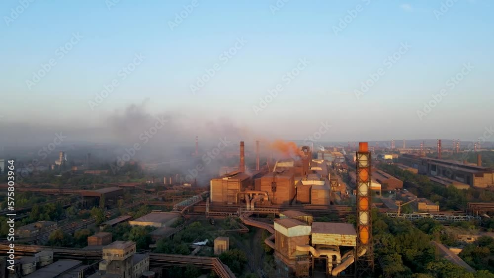 industry metallurgical plant sunrise bad ecology chimney smoke aerial 4K industry metallurgical plant sunrise bad ecology chimney smoke aerial 4K