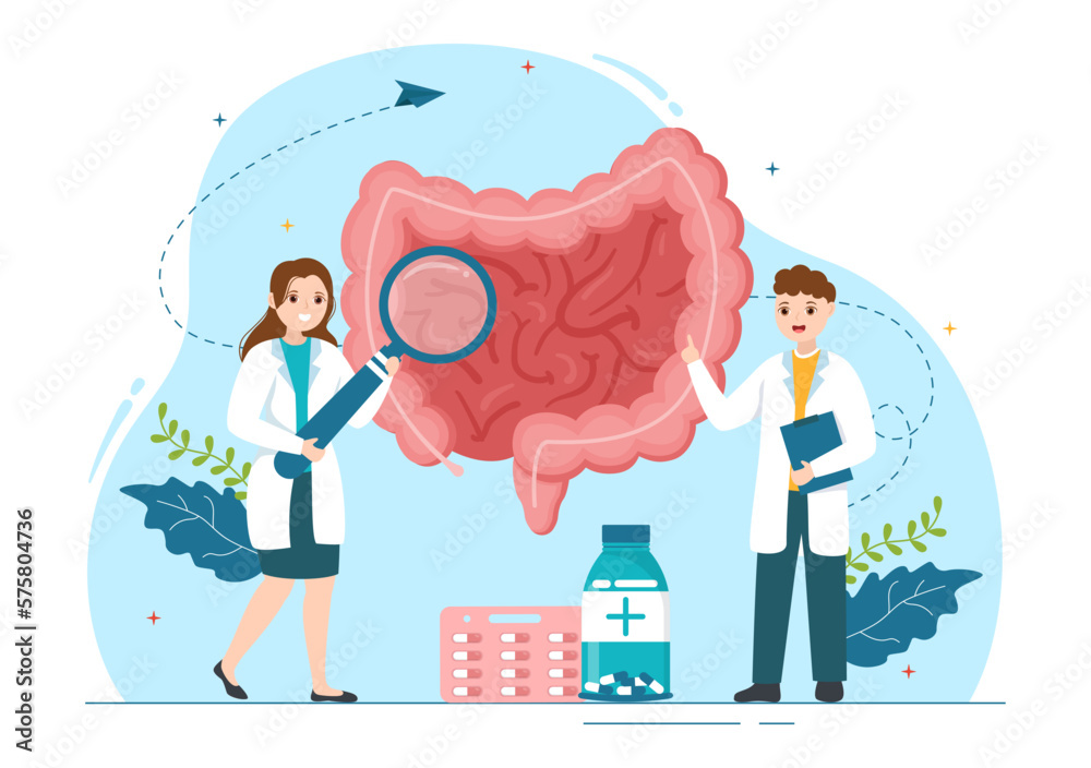 Proctologist or Colonoscopy Illustration with a Doctor Examines of the Colon and Harmful Bacteria in Cartoon Hand Drawn for Landing Page Templates - obrazy, fototapety, plakaty 