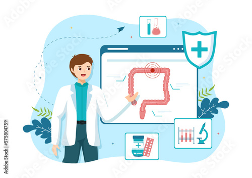 Proctologist or Colonoscopy Illustration with a Doctor Examines of the Colon and Harmful Bacteria in Cartoon Hand Drawn for Landing Page Templates