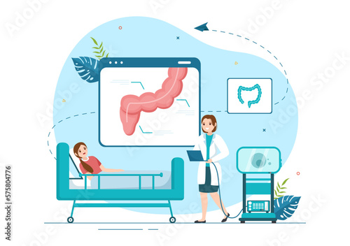 Proctologist or Colonoscopy Illustration with a Doctor Examines of the Colon and Harmful Bacteria in Cartoon Hand Drawn for Landing Page Templates