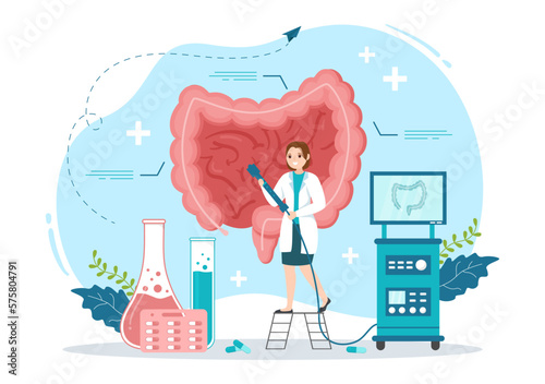 Proctologist or Colonoscopy Illustration with a Doctor Examines of the Colon and Harmful Bacteria in Cartoon Hand Drawn for Landing Page Templates