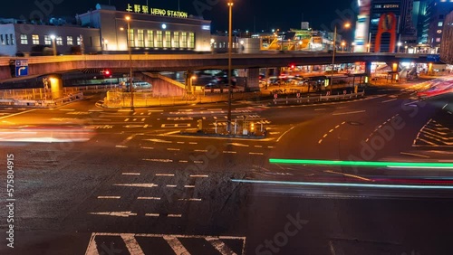 上野駅前交差点の夜景タイムラプス・ティルトアップ / Nighttime timelapse of the intersection in front of Ueno Station. tilt up. Taito, Tokyo, Japan. photo