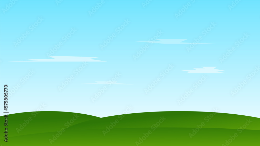 landscape cartoon scene. green field with summer blue sky 