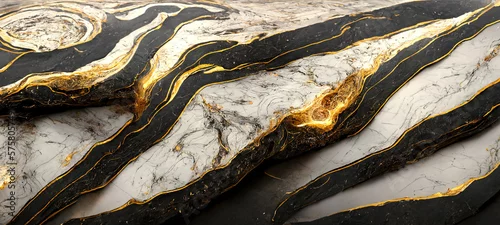 Panel kuchenny z motywem The texture of black and white marble with gold veins. Natural pattern. Abstract 3D illustration of marble surface for backgrounds, wallpapers, photo wallpapers, murals, posters.